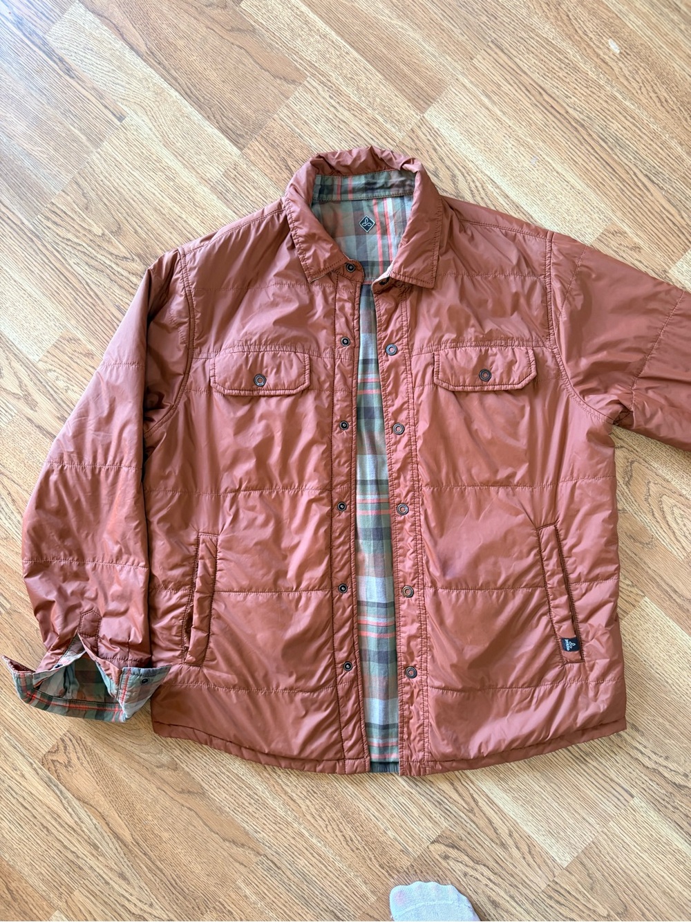 prAna Breathe Reversible Quilted Plaid Shirt Jacket Shacket Orange Flannel M - Picture 6 of 11
